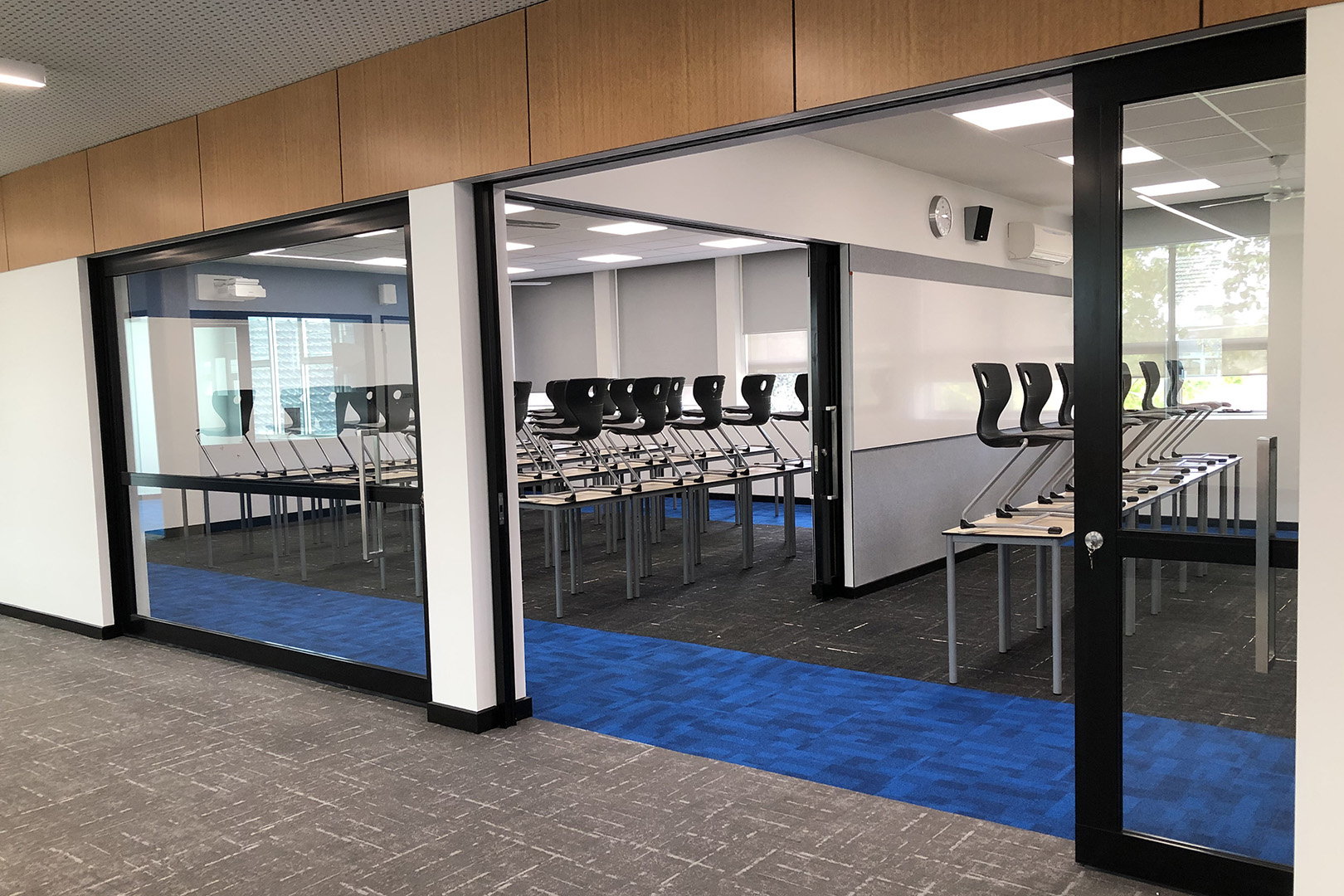 flexible learning area created with installed GLYDE acoustic sliders