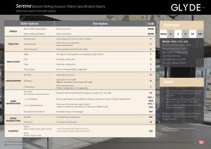 Specification matrix for Sereine acoustic sliding door system
